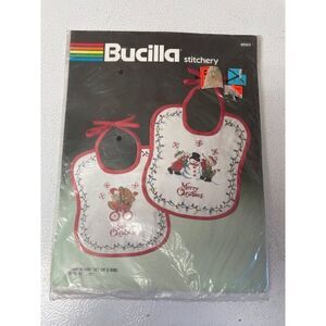 Bucilla Stitchery Baby Bears Set Of 2 Bibs Merry Christmas 9.5" x 11" NOS